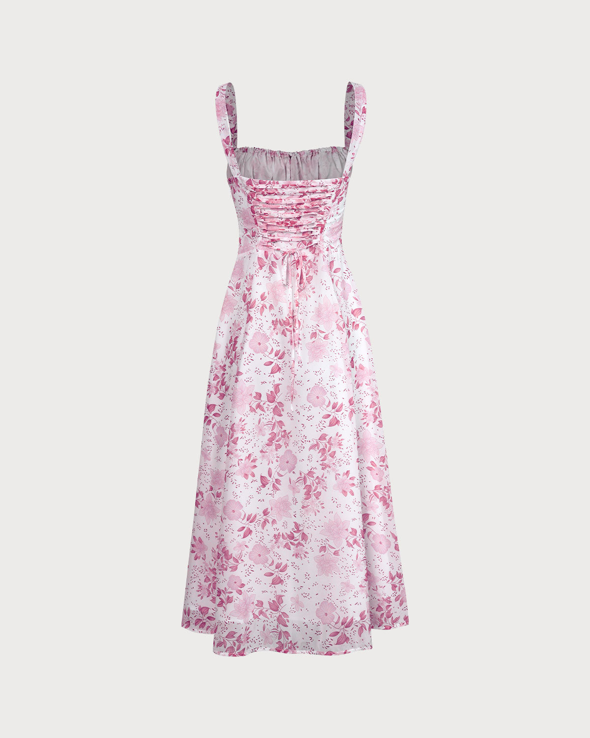 Roze Midi Jurk met Vierkante Halslijn, Bloemenpatroon en Ruffles