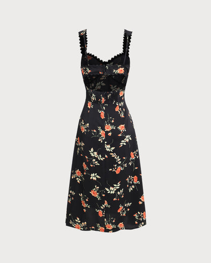 Zwarte Bloemen Maxi Jurk met Ruffles en Spaghetti Straps